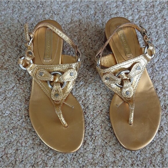 BCBG Max Azria Metallic Gold Tone leather Embellished Thongs size 37.5B - Picture 2 of 12